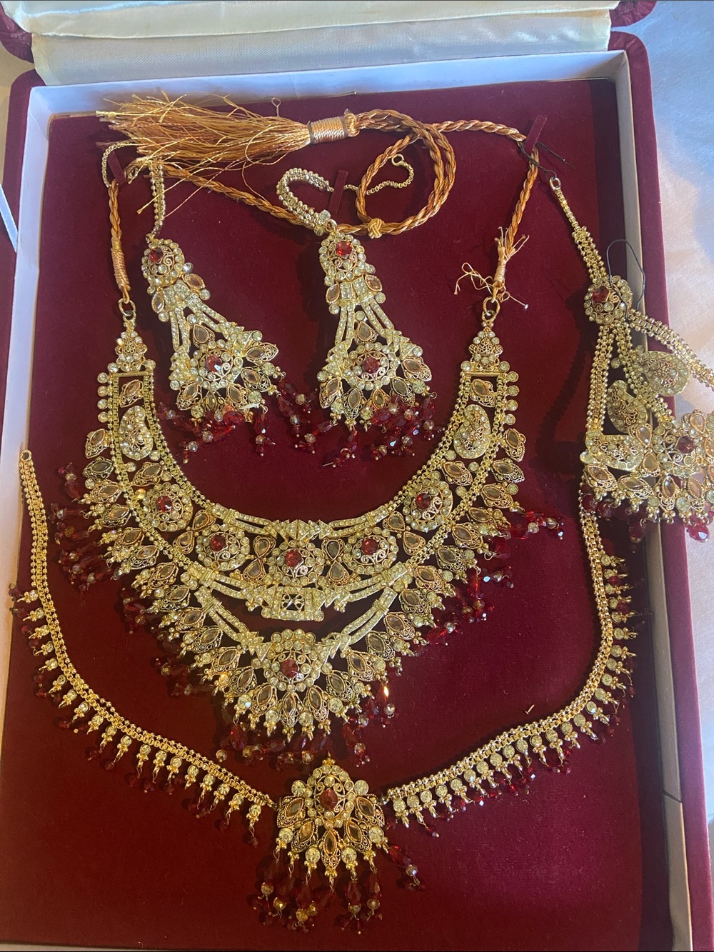 5 piece Gold Look Bridal Necklace Set with Red Ruby Crystal Accents